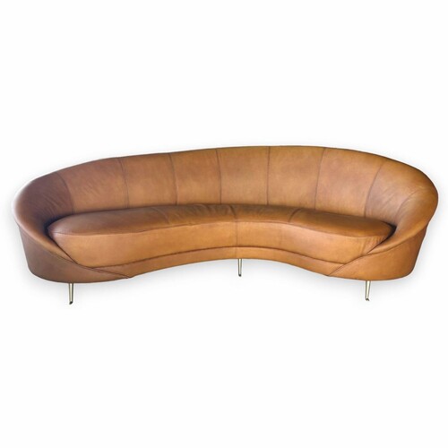 Casa Padrino Luxus Leder Sofa Hellbraun / Messing 230 cm - Leder Wohnzimmer M�bel