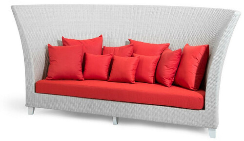 Casa Padrino Luxus Gartensofa Wei� / Rot 277 x 123 x H. 133 cm - Handgewebtes Wetterbest�ndiges Hochlehn Sofa mit Kissen - Moderne Garten M�bel - Hotel M�bel