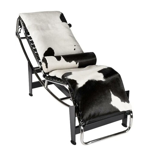 Casa Padrino Luxus Liegesessel Schwarz / Wei� / Silber 160 x 57 x H. 81 cm - Relaxliege mit Kuhfell und verchromtem Metallgestell
