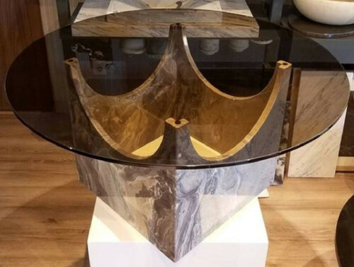 Casa Padrino Luxus Marmor Couchtisch mit Glasplatte Grau / Bronzefarben  90 x H. 43 cm - Runder Wohnzimmertisch aus hochwertigem Marmor - Luxus Wohnzimmer M�bel