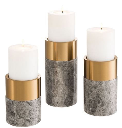 Casa Padrino Luxus Kerzenhalter Set Grau / Messing - 3 runde Marmor Kerzenhalter - Luxus Qualit�t - Deko Accessoires