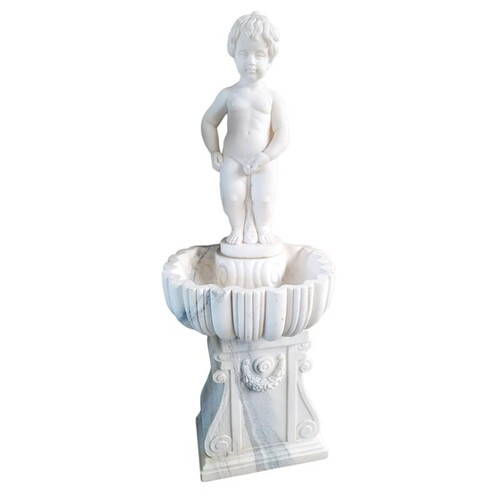 Casa Padrino Luxus Marmor Springbrunnen Knabenfigur Wei� / Grau - Handgefertigter Gartenbrunnen - Deko Brunnen