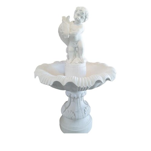 Casa Padrino Luxus Marmor Springbrunnen Putto mit Delfin Wei� - Handgefertigter Gartenbrunnen - Deko Brunnen