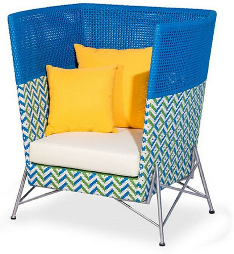 Casa Padrino Luxus Garten Sessel Blau / Gr�n / Wei� / Silber 98 x 85 x H. 104 cm - Handgewebter Wetterbest�ndiger Hochlehn Sessel - Garten & Terrassen M�bel - Luxus Kollektion