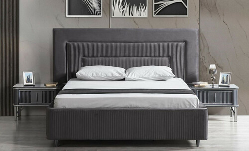 Casa Padrino Luxus Schlafzimmer Set Grau / Silber - 1 Doppelbett mit Kopfteil & 2 Nachttische - Luxus Schlafzimmer M�bel