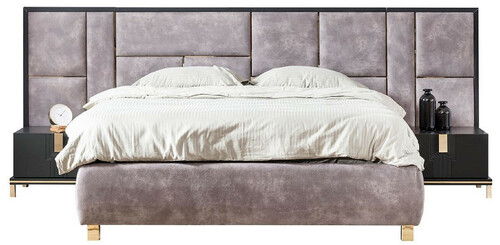 Casa Padrino Luxus Massivholz Schlafzimmer Set Lila / Schwarz / Gold - 1 Doppelbett mit Kopfteil & 2 Nachttische - Luxus Schlafzimmer M�bel