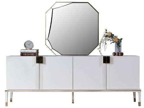 Casa Padrino Luxus M�bel Set Wei� / Gold - 1 Sideboard mit 4 T�ren & 1 Spiegel - Moderne Massivholz M�bel - Luxus Kollektion
