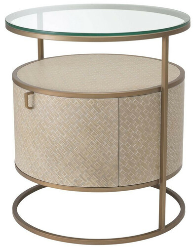 Casa Padrino Luxus Nachttisch Beige / Messingfarben  50 x H. 56 cm - Runder Beistelltisch mit Schublade und Glasplatte - Luxus Schlafzimmerm�bel