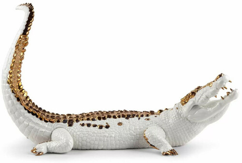 Casa Padrino Luxus Porzellan Deko Figur Krokodil Wei� / Kupferfarben 68 x 28 x H. 39 cm - Hochwertige Deko Skulptur - Erstklassische Qualit�t - Made in Spain