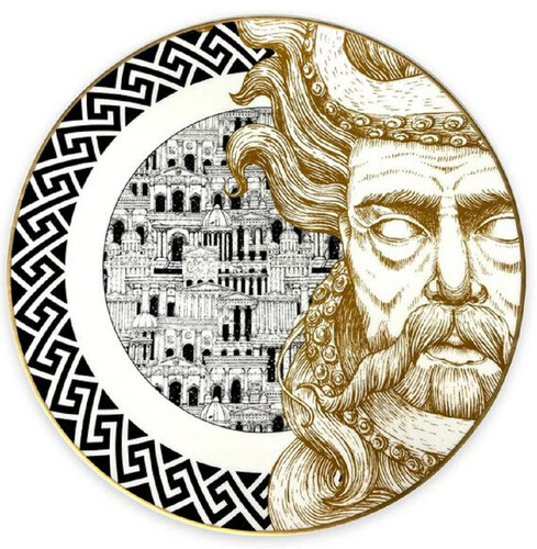 Casa Padrino Luxus Porzellan Teller Gott (rechte Seite) Wei� / Schwarz / Gold  29 cm - Handbemalter Porzellan Essteller - Luxus Qualit�t - Made in Italy