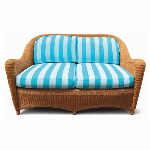 Casa Padrino Luxus Rattan Sofa Honigfarben / Wei� / Blau 140 cm - Hotel M�bel - Rattan M�bel - Luxus M�bel