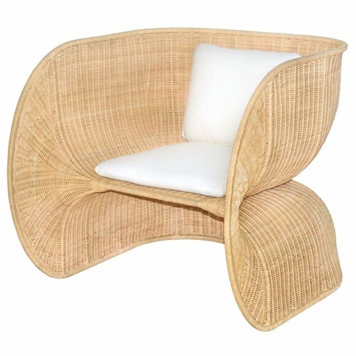Casa Padrino Luxus Rattan Lounge Sessel mit Kissen Naturfarben / Wei� - Rattan M�bel