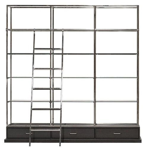 Casa Padrino Regalschrank mit Leiter Silber / Schwarz 220 x 45 x H. 240 cm - B�cherschrank - Wohnzimmer Schrank - B�ro Schrank - Wohnzimmer M�bel - B�ro M�bel - Luxus M�bel