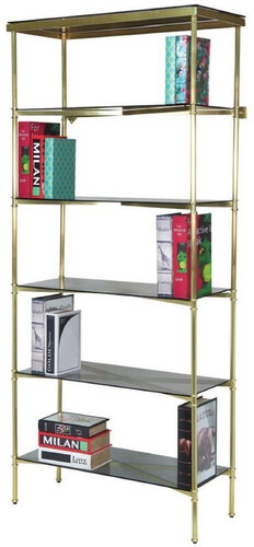 Casa Padrino Luxus Metall Regalschrank mit Glasregalen Gold / Grau 118 x 42 x H. 216 cm - B�cherschrank - Wohnzimmer Schrank - B�ro Schrank - Wohnzimmer M�bel - B�ro M�bel - Luxus M�bel