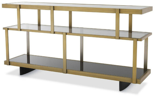 Casa Padrino Luxus Konsole Messingfarben / Schwarz 180 x 46 x H. 91 cm - Edelstahl Schrank mit Glasregalen - Regalschrank - Wohnzimmer Schrank - B�roschrank - Luxus Qualit�t