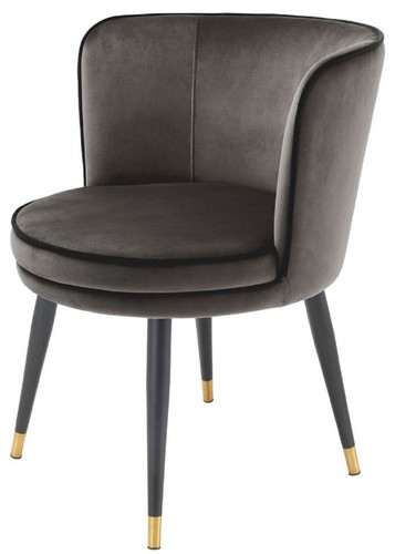 Casa Padrino Luxus Samt Esszimmerstuhl mit Armlehnen Dunkelgrau / Schwarz / Messingfarben 62 x 62 x H. 76 cm - Drehbarer K�chenstuhl - Drehstuhl - Vintage Retro Stuhl - Esszimmerm�bel