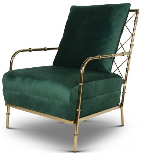 Casa Padrino Luxus Samt Sessel Dunkelgr�n / Gold 65 x 72 x H. 83 cm - Moderner Edelstahl Wohnzimmer Sessel in Bambusoptik - Luxus M�bel