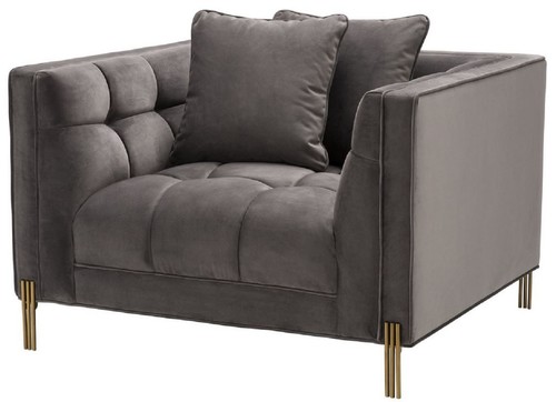 Casa Padrino Luxus Samt Sessel mit 2 Kissen Grau / Messingfarben 104 x 95 x H. 68 cm - Luxus Wohnzimmer M�bel