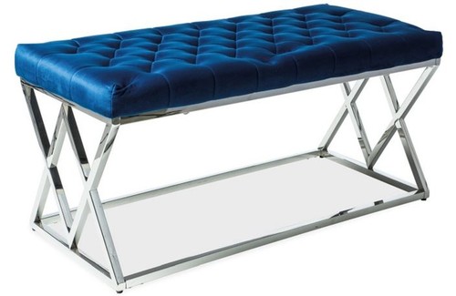 Casa Padrino Luxus Sitzbank Marineblau / Silber 100 x 48 x H. 46 cm - Gepolsterte Samt Bank mit verchromtem Edelstahl Gestell - Wohnzimmer M�bel