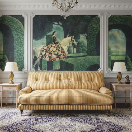 Casa Padrino Luxus Samt Sofa mit Streifen Gelb / Wei� / Dunkelbraun / Messing 200 cm - Wohnzimmer Sofa - Hotel Sofa - Luxus M�bel
