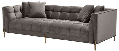 Casa Padrino Luxus Samt Sofa mit 4 Kissen Grau / Messingfarben 231 x 95 x H. 68 cm - Wohnzimmer Sofa - Luxus Qualit�t