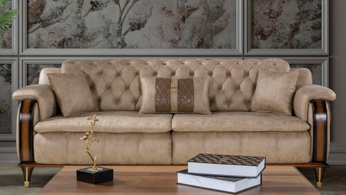 Casa Padrino Luxus Chesterfield Schlafsofa Beige / Braun / Schwarz / Gold 222 x 98 x H. 80 cm - Modernes Wohnzimmer Sofa - Luxus Wohnzimmer M�bel