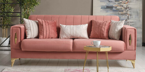 Casa Padrino Luxus Schlafsofa Rosa / Gold 222 x 93 x H. 87 cm - Wohnzimmer Sofa mit 5 Kissen - Luxus Wohnzimmer M�bel