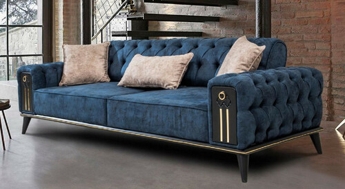 Casa Padrino Luxus Chesterfield Schlafsofa Blau / Schwarz / Gold 220 x 90 x H. 80 cm - Modernes Wohnzimmer Sofa - Chesterfield Wohnzimmer M�bel
