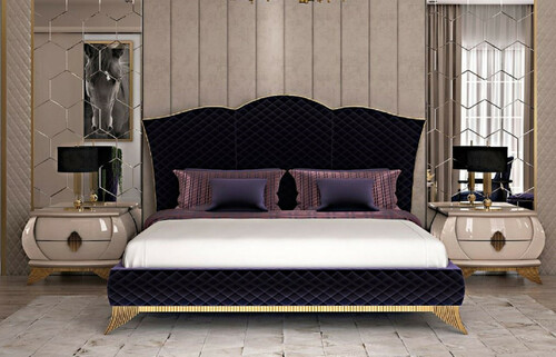 Casa Padrino Luxus Art Deco Schlafzimmer Set Lila / Cremefarben / Gold - 1 Doppelbett mit Kopfteil & 2 Nachttische - Art Deco Schlafzimmer & Hotel M�bel - Luxus Kollektion