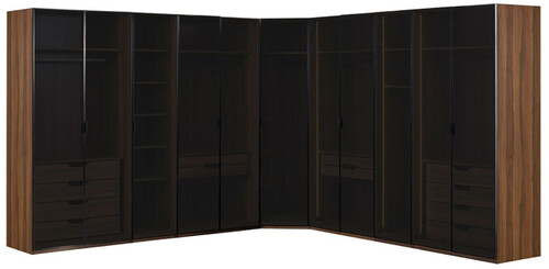 Casa Padrino Luxus Eck Kleiderschrank Braun / Schwarz 345 x 345 x H. 220 cm - Massivholz Schlafzimmerschrank mit 11 Glast�ren und LED Beleuchtung - Schlafzimmer M�bel - Hotel M�bel - Luxus M�bel