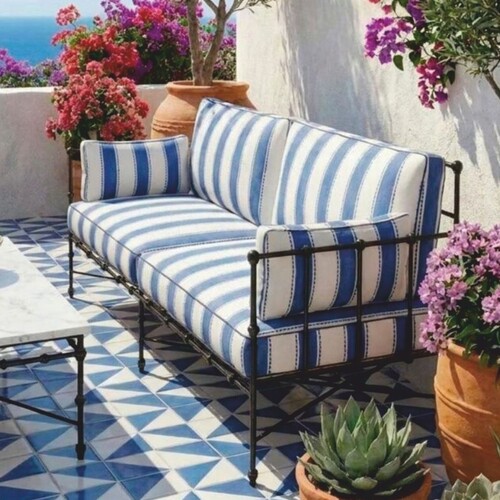 Casa Padrino Luxus Schmiedeeisen Sofa Blau / Wei� / Schwarz 245 cm - Hotel & Garten Sofa
