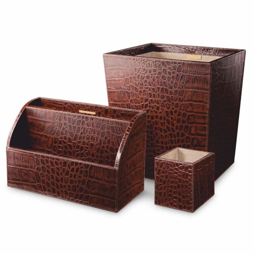 Casa Padrino Luxus Echtleder Schreibtisch Set Antik Braun - Schreibtisch Accessoires