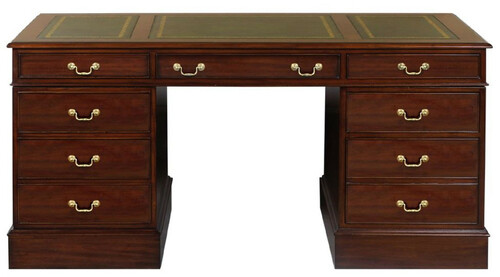 Casa Padrino Luxus Mahagoni Schreibtisch Dunkelbraun / Gr�n / Gold 140 x 70 x H. 78 cm - B�rotisch im englischen Stil - Luxus B�ro M�bel