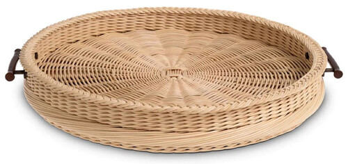 Casa Padrino Luxus Serviertablett Naturfarben / Braun  63 x H. 9 cm - Rundes Rattan Tablett mit 2 Tragegriffen - Gastronomie & Restaurant Accessoires - Luxus Accessoires