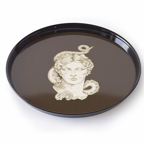 Casa Padrino Luxus Serviertablett Schwarz / Gold / Wei� / Braun  40 cm - Rundes Metall Tablett - Gastronomie Accessoires - Handbemalt in Italien