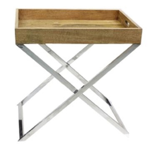 Casa Padrino Serviertablett mit St�nder Naturfarben / Silber 61 x 41 x H. 62 cm - Holz Tablett mit Edelstahl Gestell