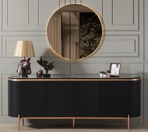 Casa Padrino Luxus Sideboard Schwarz / Kupferfarben 208 x 60 x H. 80 cm - Edler Schrank mit 4 T�ren - Luxus M�bel