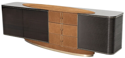 Casa Padrino Luxus Sideboard Hellbraun / Dunkelbraun / Grau / Gold 249 x 52,5 x H. 76 cm - Massivholz Schrank mit 3 T�ren und 3 Schubladen - Luxus M�bel - Hotel M�bel - Luxus Einrichtung