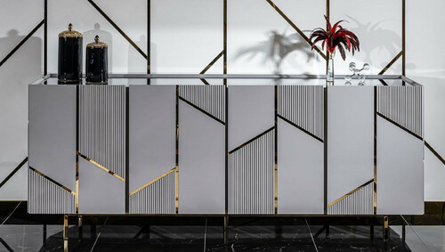 Casa Padrino Luxus Sideboard Grau / Gold 220 x 51 x H. 86 cm - Massivholz Schrank mit 4 T�ren - Esszimmer M�bel - Wohnzimmer M�bel - Hotel M�bel - Luxus M�bel