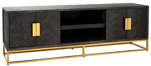 Casa Padrino Luxus TV Schrank Schwarz / Gold 185 x 42,5 x H. 60 cm - Massivholz Sideboard mit 4 T�ren - Wohnzimmer M�bel - Hotel M�bel - Luxus Kollektion