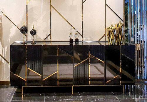 Casa Padrino Luxus Sideboard Schwarz / Gold 220 x 50 x H. 85 cm - Wohnzimmer Sideboard mit 4 T�ren - Luxus M�bel
