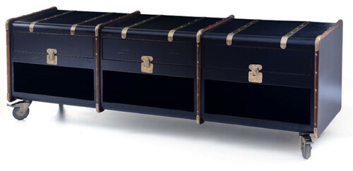 Casa Padrino Luxus TV Schrank in Koffer Optik Schwarz / Braun / Messing 201 x 48 x H. 65 cm - Massivholz Kofferschrank mit Rollen - Wohnzimmer Schrank - Luxus M�bel in Koffer Optik