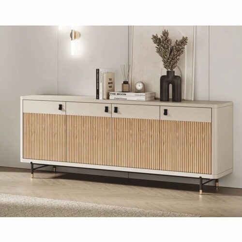 Casa Padrino Luxus Sideboard mit 4 T�ren Wei� / Naturfarben / Schwarz / Gold 220 cm