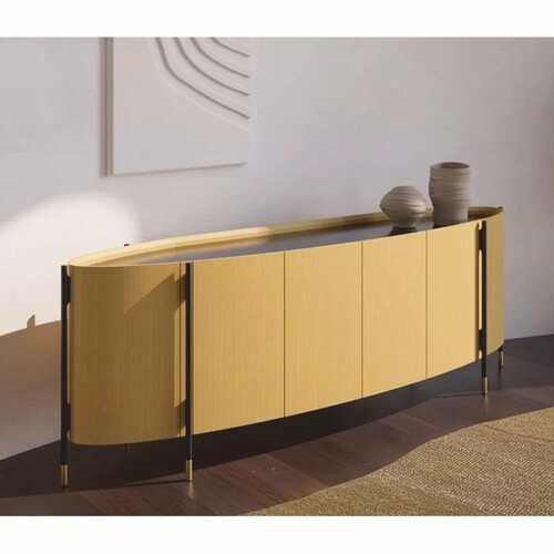 Casa Padrino Luxus Sideboard mit 4 T�ren Naturfarben / Schwarz / Messing 267 cm - Hotel M�bel