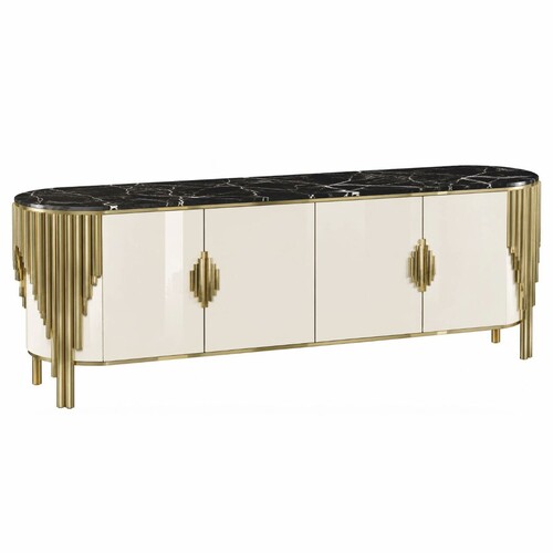 Casa Padrino Luxus Sideboard mit 4 T�ren und Kunstmarmor Platte Wei� / Gold / Schwarz 251,2 cm - Luxus Hotel & Esszimmer M�bel