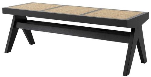 Casa Padrino Luxus Sitzbank Schwarz / Naturfarben 136 x 46 x H. 47 cm - Massivholz Bank mit handgewebtem Rattangeflecht - Luxus M�bel