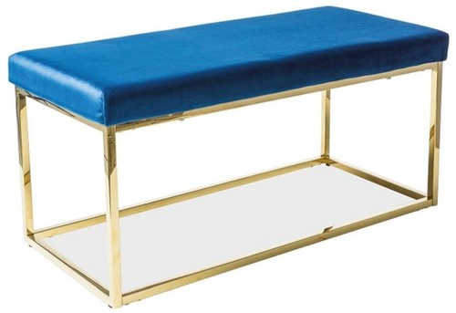 Casa Padrino Luxus Sitzbank Blau / Gold 100 x 46 x H. 48 cm - Gepolsterte Samt Bank mit Edelstahl Gestell