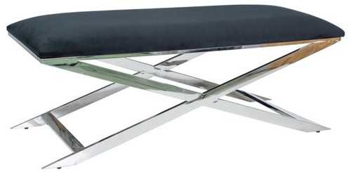 Casa Padrino Luxus Sitzbank Schwarz / Silber 120 x 45 x H. 45 cm - Gepolsterte Samt Bank mit verchromtem Edelstahl Gestell