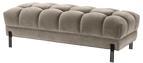 Casa Padrino Luxus Sitzbank Greige / Schwarz 133 x 59 x H. 42 cm - Gepolsterte Samt Bank mit Edelstahl Beinen - Luxus Kollektion