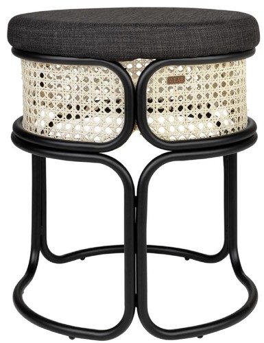 Casa Padrino Designer Hocker Schwarz / Naturfarben  40,5 x H. 49 cm - Runder gepolsterter Sitzhocker mit edlem Rattangeflecht und pulverbeschichtetem Stahlrahmen